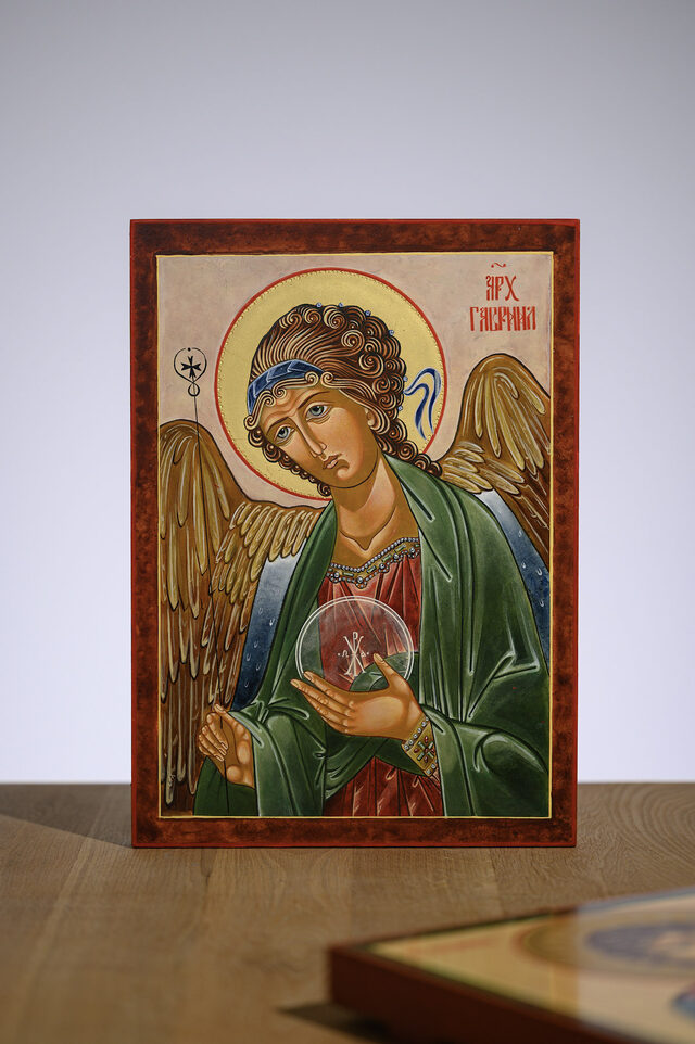 Archangel Gabriel — the same board on the studio work table