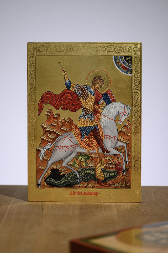 Saint George the Victorious — the same board on the studio work table