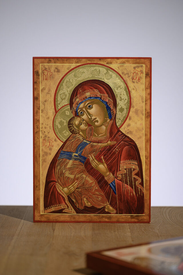 Vladimir Icon of the Mother of God — the same board on the studio work table